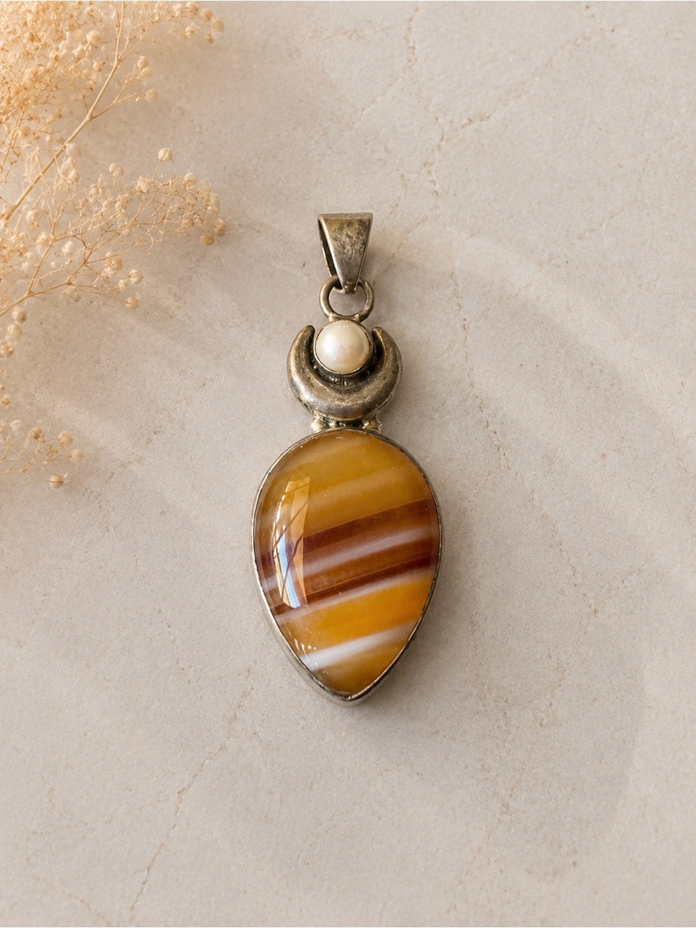 Sterling Silver Butterscotch Agate Teardrop Pendant with Pearl Accent